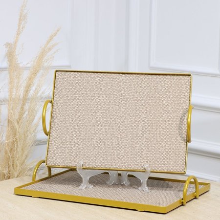 طقم صواني /2 مستطيل اطار تنك ذهبي وجه قماش بيج وبني بيدين مقبض