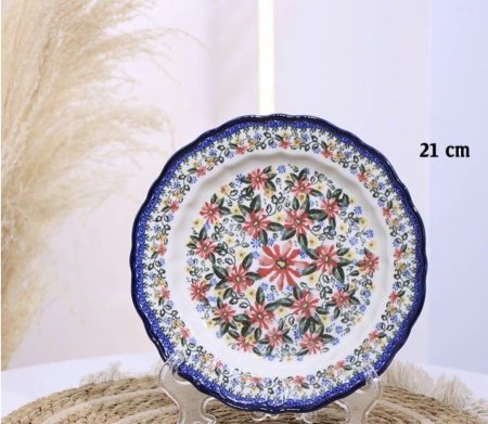 صحن جور بورسلان خزف 21سم شكل وردة اطار كحلي