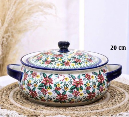 طنجرة بورسلان خزف 20سم اطار كحلي  وجه ورد بيج وزهري واخضر