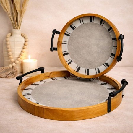 صينية تقديم دائرية خشب طبيعي  – تصميم عصري فاخر (قطعتان)