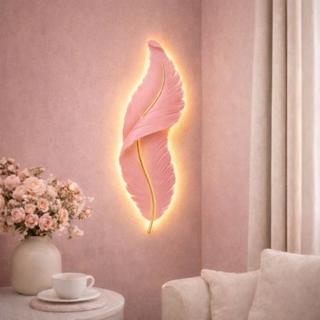 إضاءة حائط LED بتصميم ريشة أنيق – لون زهري