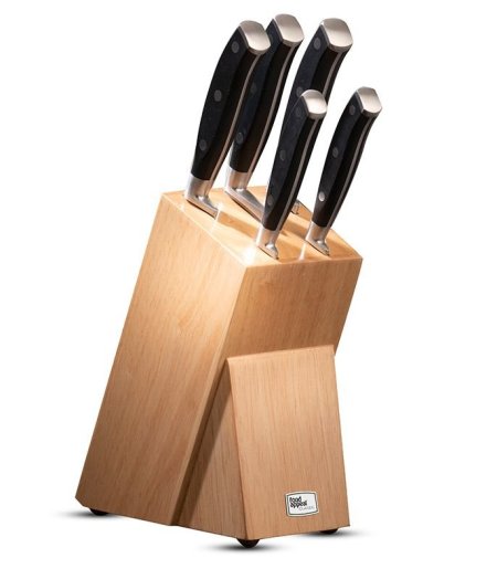بكج سكاكين مكونة من 6 قطع تتضمن 5 سكاكين بمقبض أسود + حامل كلاسيكي من الخشب الطبيعي
