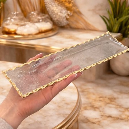 صحن ضيافة زجاج مستطيل اطار ذهبي 18-21