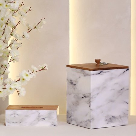 طقم سلة مع علبة محارم خشب منقش ابيض ماربل D246M D245M