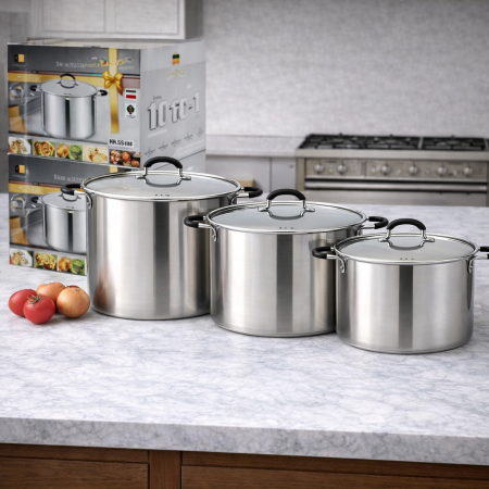 طناجر ستانلس ستيل كبير HausRoland HR175-1 – 3 أحجام كبيرة مع أغطية ستيل