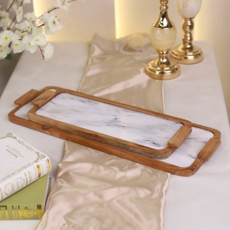 طقم صواني ضيافة مستطيل خشب منقش ابيض ماربل D252M