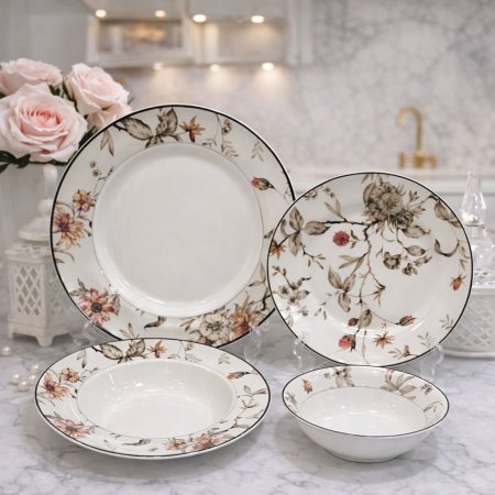 طقم صحون بورسلان 24 قطعة – نقشة ورود كلاسيكية
