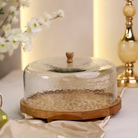 مضيفة كيك خشب منقش ابيض غطا زجاج 32.5 سم D247