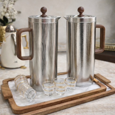 ترمس قهوة معدن سلفر يد خشبي – سعة 1 لتر