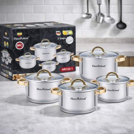 طقم طناجر ستانلس ستيل HausRoland HR133-1 – تصميم ألماني فاخر 8 قطع بمقابض ذهبية وقاعدة حرارية متعددة الطبقات