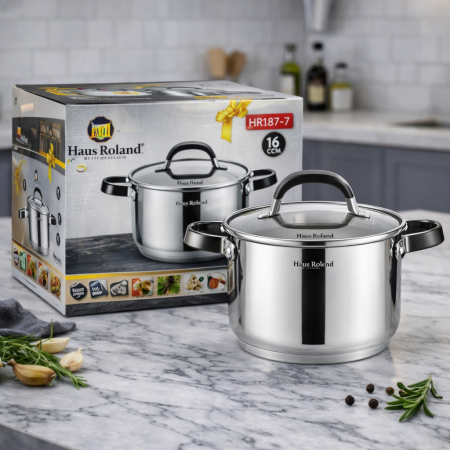 طنجرة ستانلس ستيل Haus Roland HR187-7 مع غطاء زجاج – 16 سم