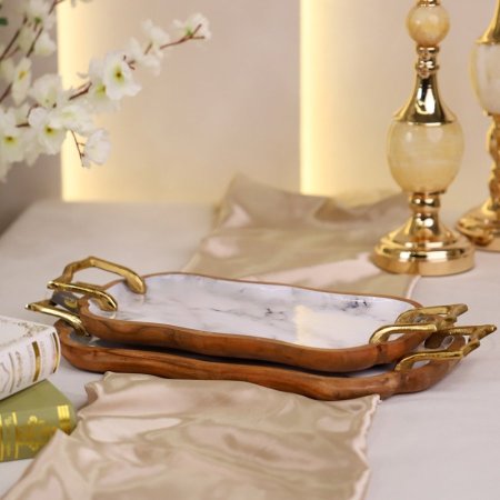 طقم صواني ضيافة خشب منقش ابيض ماربل ايد نحاس هندي D254M