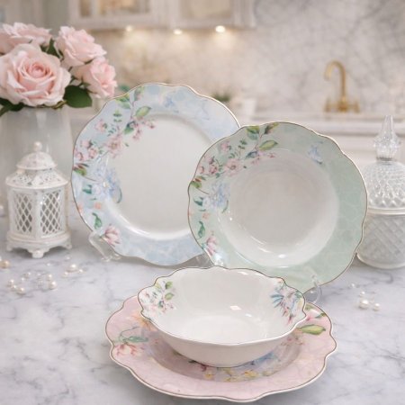 طقم صحون بورسلان فاخر 24 قطعة – نقشة ورود ناعمة بحافة ذهبية