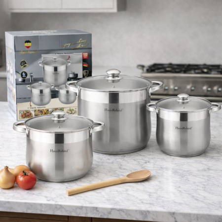 طناجر ستانلس ستيل ثقيل HausRoland HR186-4 مع أغطية زجاج – 3 أحجام كبيرة