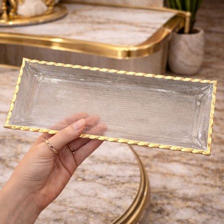 صحن ضيافة زجاج مستطيل اطار ذهبي 18-18