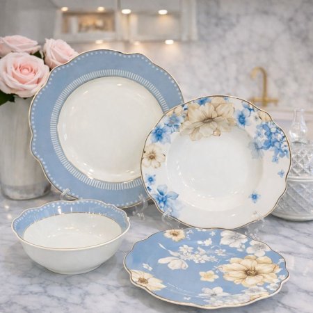 طقم سفرة أنيق 24 قطعة بورسلان بتصميم كلاسيكي راقٍ