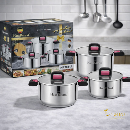 طقم طناجر ستانلس ستيل HausRoland – 6 قطع (موديل HR168-2) مقابض باكلايت قابلة للطي