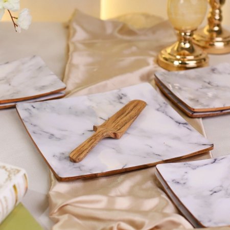 طقم ضيافة 8 قطع خشب منقش ابيض ماربل جاط مع 6 صحون مع معلقة D253M