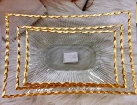 صحن ضيافة زجاج مستطيل اطار ذهبي
