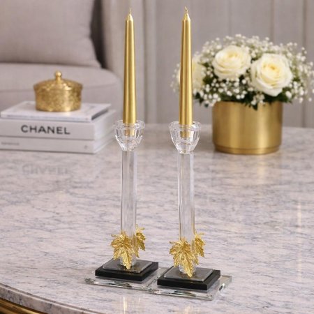 طقم شمعدان كريستال قاعده شفاف واسود مع ورقة شجر دهبيه