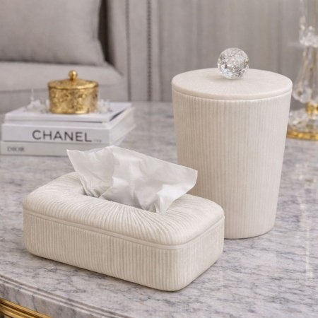 طقم سلة + علبة محارم رخام ابيض محزز