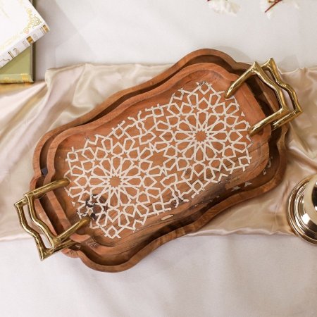 طقم صواني ضيافة خشب منقش ابيض ايد نحاس هندي D254