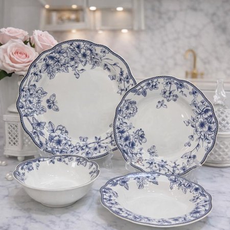 طقم سفرة أنيق 24 قطعة بورسلان بتصميم كلاسيكي راقٍ
