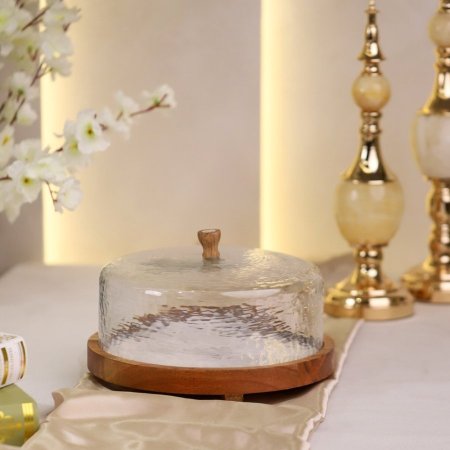 مضيفة كيك خشب منقش ابيض ماربيل غطا زجاج 21 سم D249M