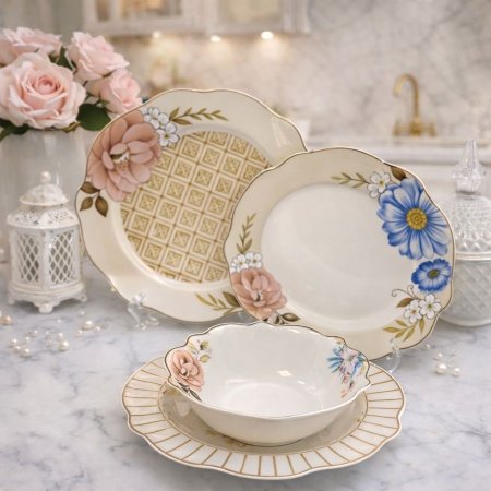 طقم سفرة أنيق 24 قطعة بورسلان بتصميم كلاسيكي راقٍ