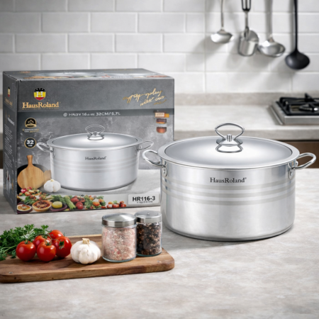 طنجرة ستانلس ستيل HausRoland موديل HR116-3 مقاس 32 سم – سعة 15.7 لتر مع غطا ستانلس