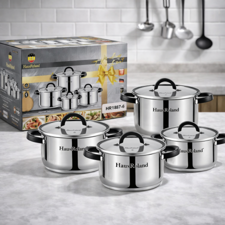 طقم طناجر ستانلس ستيل 8 قطع HausRoland HR187-6 مع أغطية زجاج – طقم قدور للمطبخ