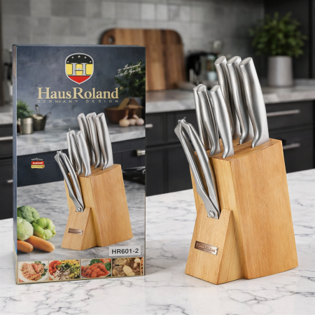 طقم سكاكين مطبخ ستانلس ستيل مع ستاند خشب – 8 قطع HausRoland HR601-2