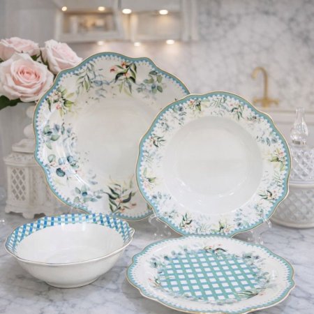طقم سفرة بورسلان مزخرف باللون الأزرق – 24 قطعة