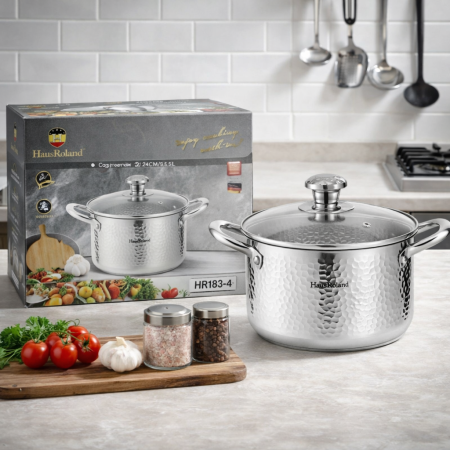 طنجرة ستانلس ستيل HausRoland بنقشة مطرقة مع غطاء زجاجي – 24 سم – 6.5 لتر – HR183-4