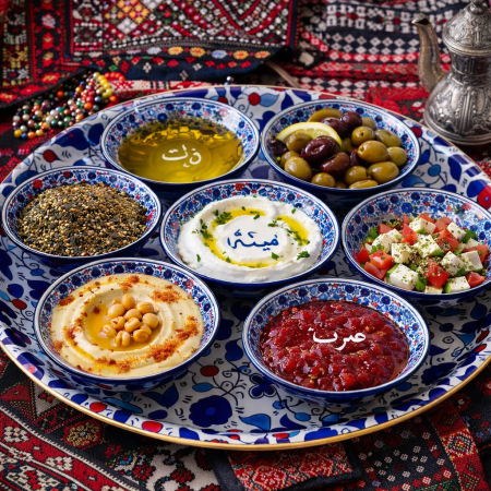 صينية تقديم فطور تراثية فخمة مستوحاة من الفن الفلسطيني الأصيل