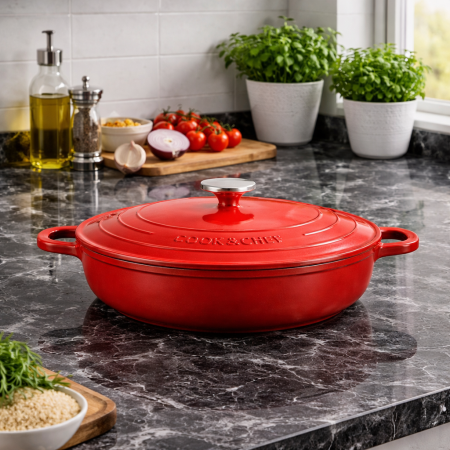 طنجرة COOK & CHEF احمر 6.3 لتر – 32 سم | HR147-6 – تصميم عريض احترافي