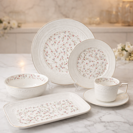 طقم صحون فاخر لمسة وردية حفر بنمط فرزاتشي – 32 قطعة