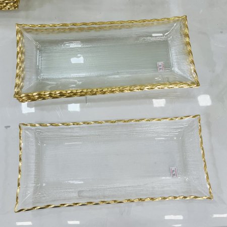 صحن ضيافة زجاج مستطيل اطار ذهبي 18-18