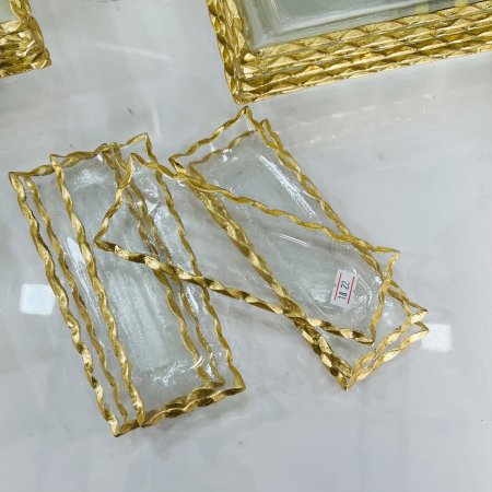صحن ضيافة زجاج مستطيل ميني اطار ذهبي 18-22