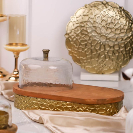 جاط كعك خشب و نحاس بيضاوي بغطاء زجاج مدور D320
