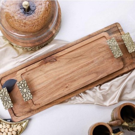 طقم صواني ضيافة خشب يدين نحاس هندي D303