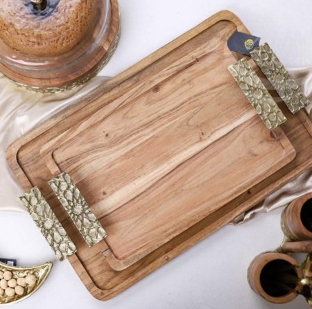 طقم صواني ضيافة خشب يدين نحاس هندي D302