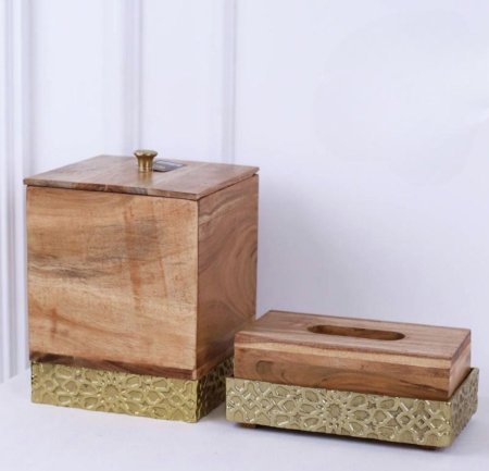 طقم سلة مهملات مع علبة محارم خشب و نحاس هندي