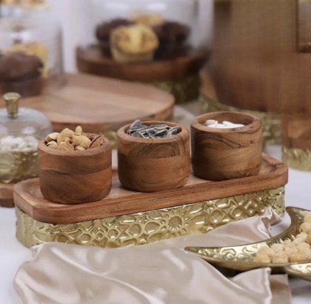 طقم /4 جاط + 3 صحون مكسرات خشب و نحاس هندي D316
