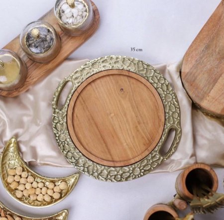 صينية ضيافة خشب و نحاس هندي 35 سم D318