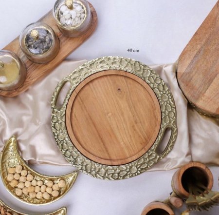 صينية ضيافة خشب و نحاس هندي 40 سم D317