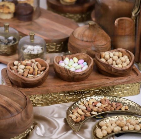 طقم جاط + 3 صحون مكسرات خشب و نحاس هندي D313