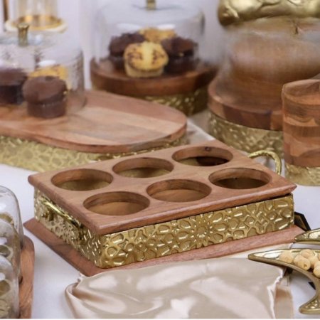 حمالة كاسات قناني فرش خشب و نحاس هندي D315