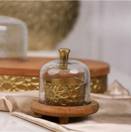 سكرية خشب صحن نحاس بغطاء زجاج هندي D333