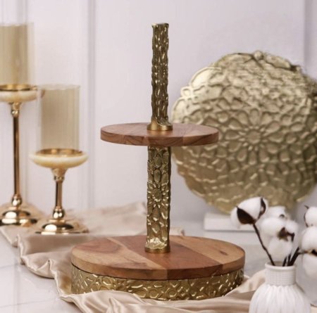 مضيفة خشب و نحاس هندي طبقتين مدور D301